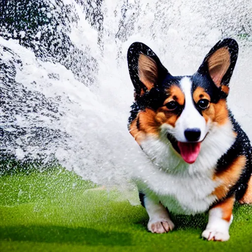 Prompt: Corgi splashing water around, outdoor photo, promo shoot, studio lighting