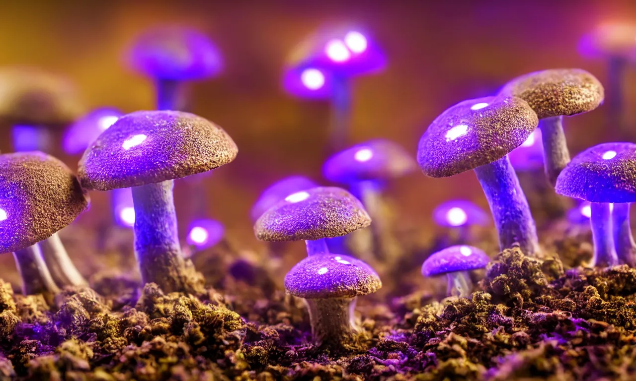 Image similar to a macro shot of bioluminescent mushrooms, dof, 4k, bokeh, acid pixie