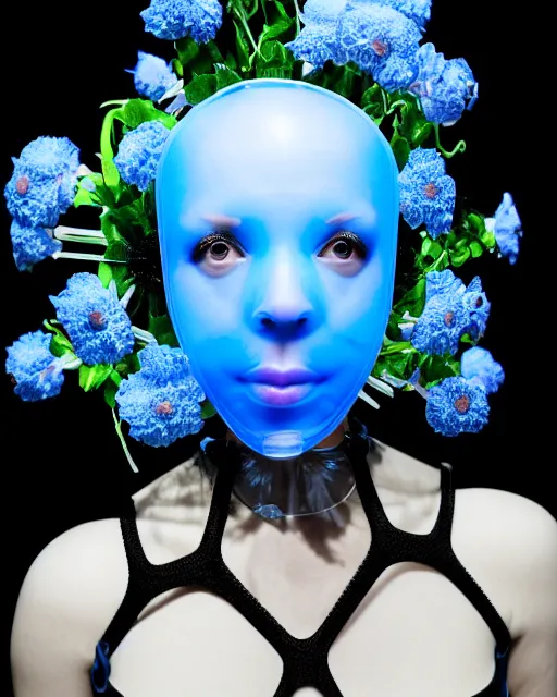 Image similar to symmetrical close - up portrait of a woman wearing a translucent silicone beauty mask and blue hair, wearing a black bodysuit by alexander mcqueen, standing in a room full of plastic translucent flowers, black background, soft diffused light, biotechnology, humanoide robot, bjork aesthetic, translucent, intricate details, highly detailed, masterpiece,