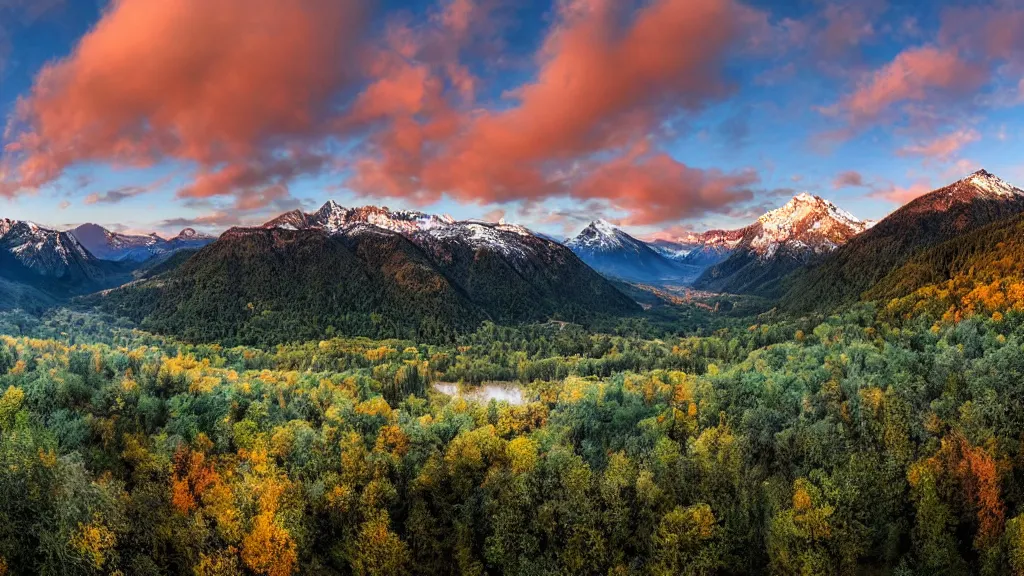 Prompt: Panoramic photo where the mountains are towering over the valley below their peaks shrouded in mist. The moon is just peeking over the horizon and the sky is covered with stars and clouds. The river is winding its way through the valley and the trees are starting to turn yellow and red