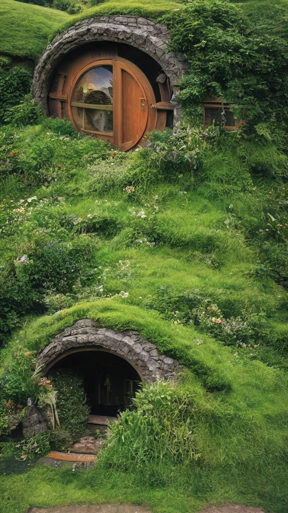 Prompt: studio ghibli hobbit home in the irish countryside, the shire, 35mm photography by gregory crewdson