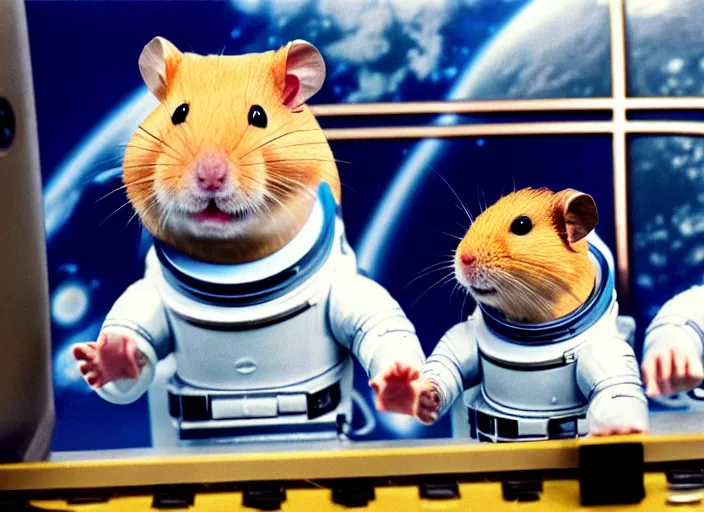 Image similar to film still of a hamster working for mission control at nasa, 8 k