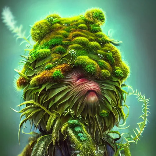 Image similar to A plant monster, highly detailed, digital art, sharp focus, trending on art station, leaves, moss, ferns, thistle, anime art style