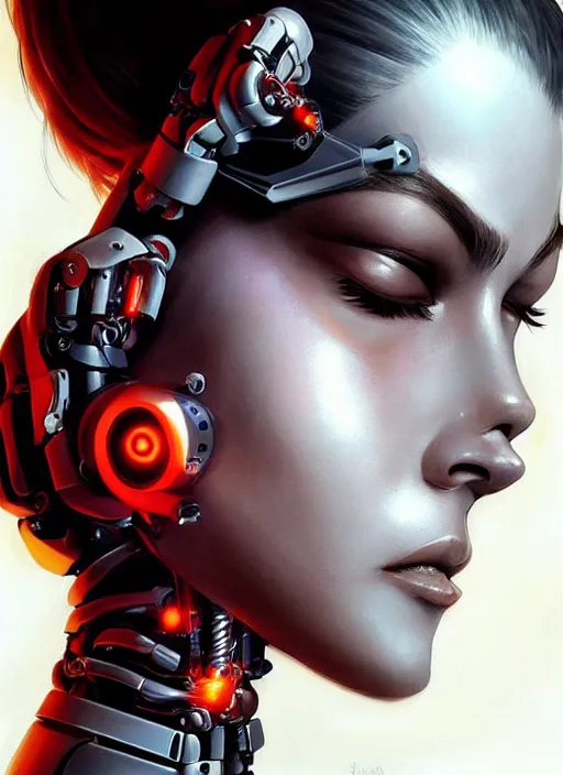 Prompt: portrait of a cyborg woman who turns her head to the ((((((right))))) left+50 (((((up))))) (((((down))))) by Artgerm,eyes closed , biomechanical, hyper detailled, trending on artstation