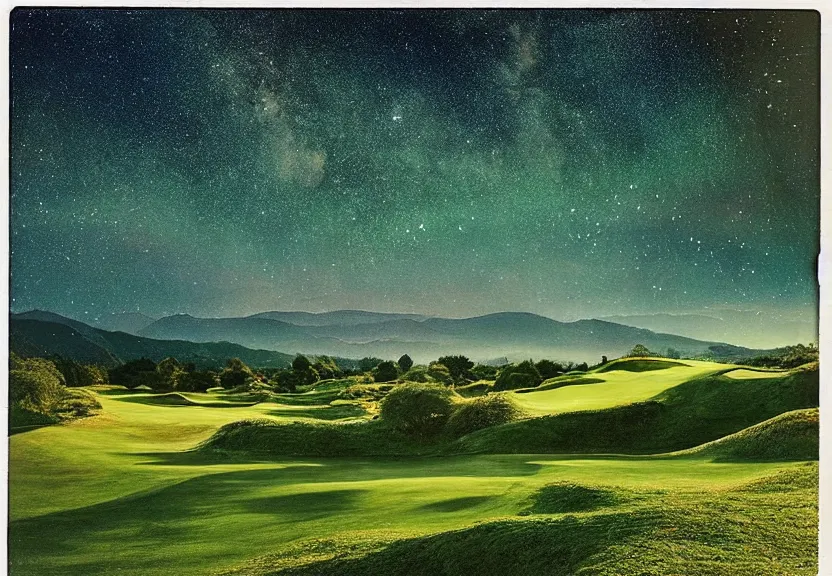 Image similar to birds eye view of a perfect elysian dreamlike green hilly pastoral psychedelic golf course landscape with stone walls under cosmic stars, cherished trees, memory trapped in eternal time, golden hour, dark sky, evening starlight, eerie moonlight, stone walls, haunted vintage psychedelic polaroid by hiroshi yoshida