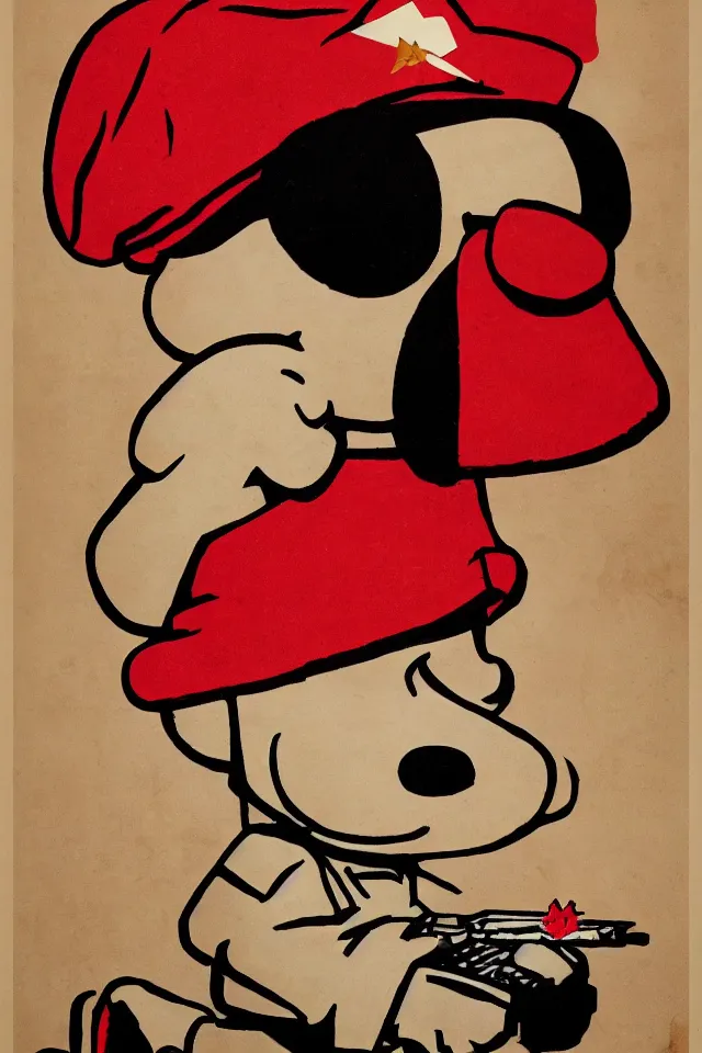 Prompt: an epic socialist realism poster of a singular communist snoopy in a red beret smoking a blunt for the proletariat