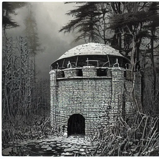 Prompt: pillbox paragonpunk fortress half-sunk in a noxious Swamp, by Colleen Doran and by Angus McBride and by Ted Nasmith, low angle dimetric composition, insurmountable, 3-point perspective
