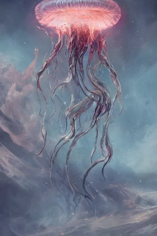 Image similar to the look of an elderly person full of wrinkles and imperfections comes out of a tornado jellyfish by artgem and greg rutkowski, highly detailed, high contrast, light reflection, trippy, nebula, trending on artstation