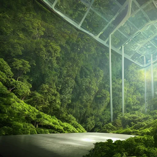 Image similar to extreme wide shot a futuristic containment building in a rainforest valley with a city in the distance, national geographic, hyper realistic, 4 k, harsh light, artstation