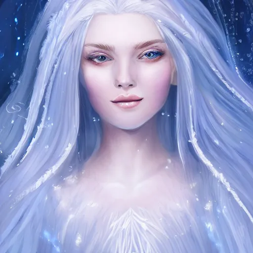 Prompt: A portrait of an attractive young female ice angel, beautiful long white hair, wearing ice crystals, intricate, highly detailed, elegant, digital painting, trending on artstation - n9