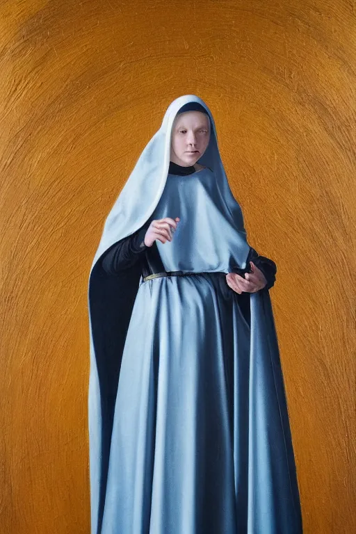 Image similar to hyperrealism oil painting, close - up portrait of european medieval nun albino fashion model, knight, steel gradient mixed with nebula sky, in style of baroque