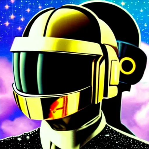 Prompt: Daft Punk duo near each other standing above a spaceship in space, realistic, high quality