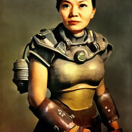 Prompt: A Filipino woman wearing Fallout 3 power armor, portrait, by Philippe Halsman