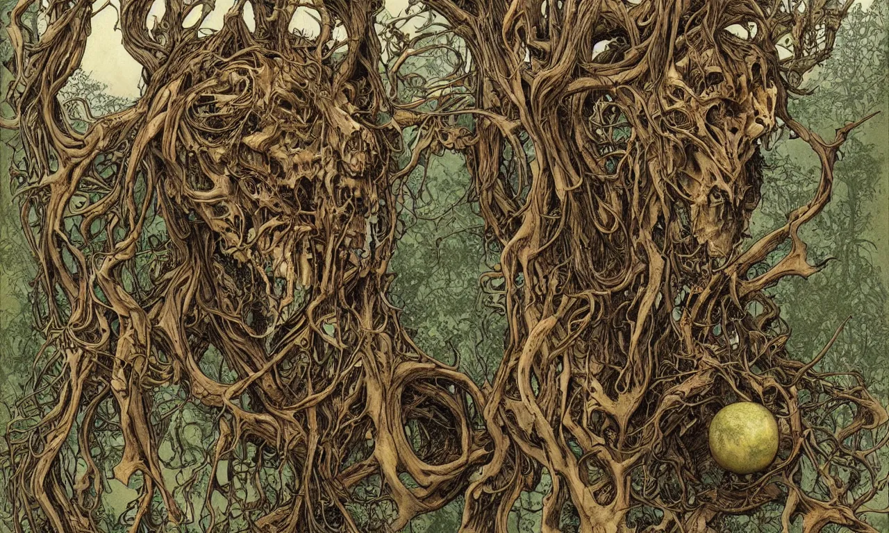 Image similar to hyperdetailed art nouveau portrait of treebeard and old groot as a cthulhu eyeball moose skull wendigo swamp thing cryptids, by michael kaluta, simon bisley and bill sienkiewicz, photorealism, claws, skeleton, antlers, fangs, forest, wild, bizarre, scary, lynn varley, lovern kindzierski, steve oliff