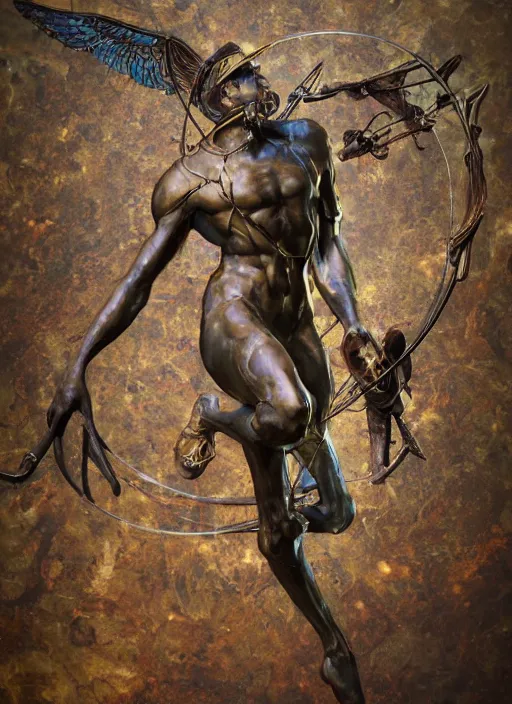 Image similar to An epic fantastic realism comic book style painting of a distressed bronze archery sculpture from the future by Stanislaw Szukalski, gilded colorful marbled paper background, winged archer, perfect shiny iridescent silver spheres, fisheye lens, unreal 5, DAZ, hyperrealistic, octane render, dynamic lighting