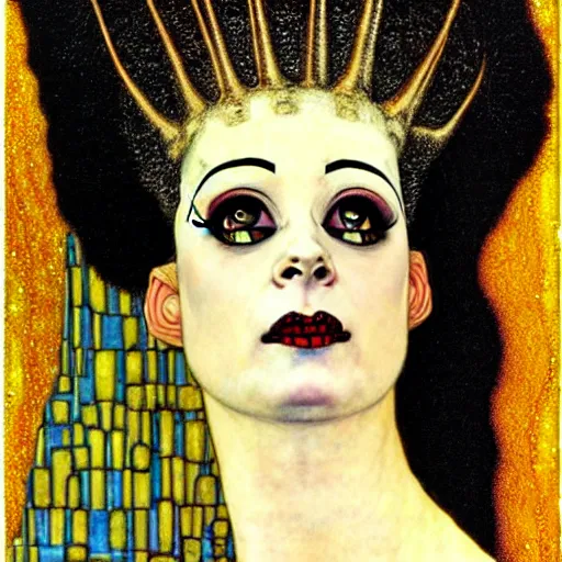 Image similar to bride of frankenstein influenced by gustav klimt.