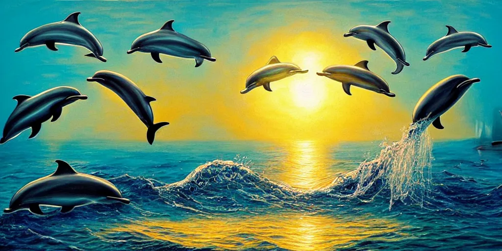 Image similar to a pod of dolphins emerging from the ocean surrounded by love and energy, golden hour, detailed painting by painting by gottfried helnwein