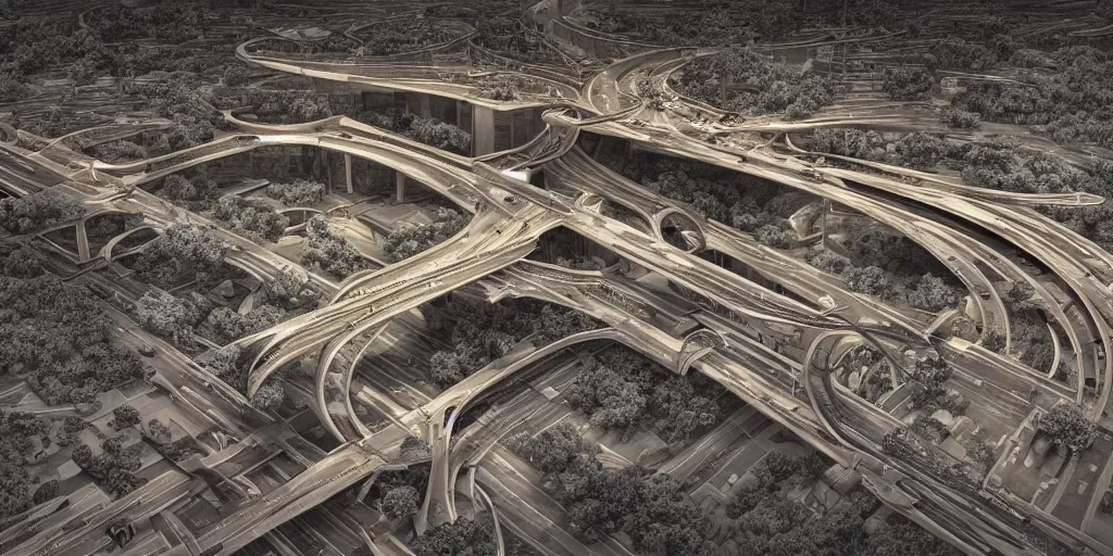 Prompt: cinematic still of hyper detailed highway realistic afro steampunk designed by frank lloyd wright architect, helicopters, deep perspective, wide angle, insanely detailed and intricate,