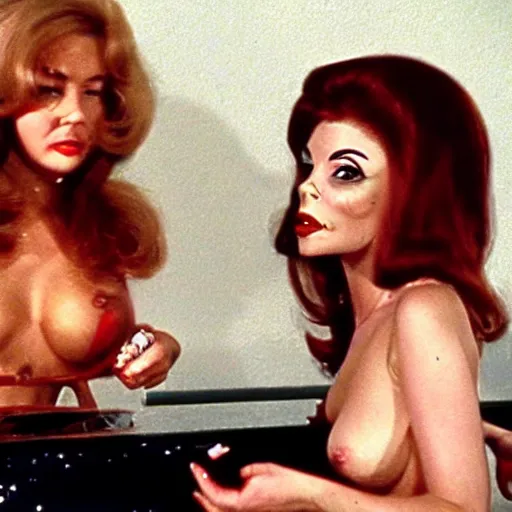 Prompt: Still from a Russ Meyer film about a woman and her friend, an anthropomorphic tooth, color 1970