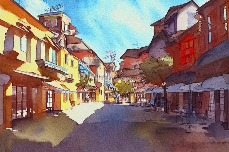 Prompt: watercolor townsquare in a sunny day, artwork by tooth wu, colorful high contrast,!! very coherent!!, dark shadow, thick lineart