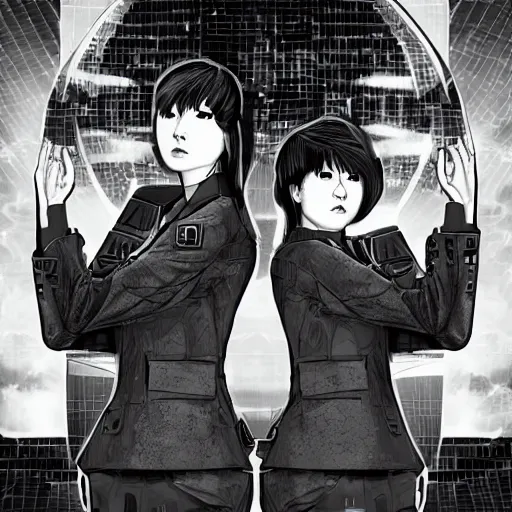 Prompt: beautiful twin sisters hacking into the mainframe of the pentagon, in the style of hiroya oku and riyoko ikeda, black and white, photorealistic, epic, super cool