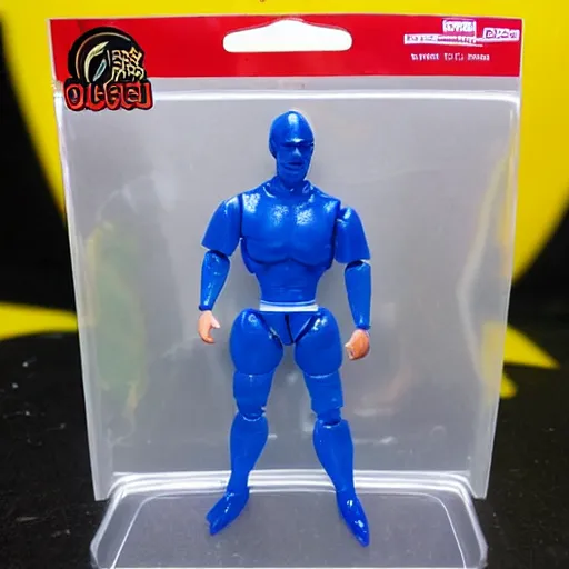 Prompt: bootleg action figure with transparent plastic package