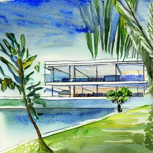 Prompt: watercolor sketch of organic rectangular architecture concept, sea, renzo piano, sketche, villa, people, beach, artistic, ecology, green.