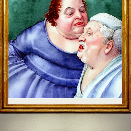 Prompt: of a very funny renaissance style watercolor painting of a sweet fat old woman kissing her reflection. symmetrical face, red mouth, blue eyes. a flowered dress. a hyper - realistic scene. 3 d, octane processing, deep focus, white scene. a very funny and sweet picture. unreal engine. watercolor. fellini cinematic style. poster quality. freud painting style.