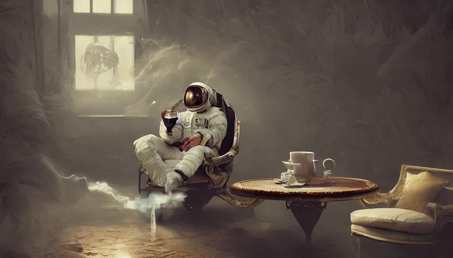 Prompt: astronaut sitting in armchair with cup of coffee with steam from cup, terraformed mars, wide shot, digital painting, intricate details, trending on artstation, concept art, octane render, realistic, highly detailed, smooth, sharp focus, beautiful, 4 k, 8 k, hd, art by charlie bowater and artgerm and greg rutkowski