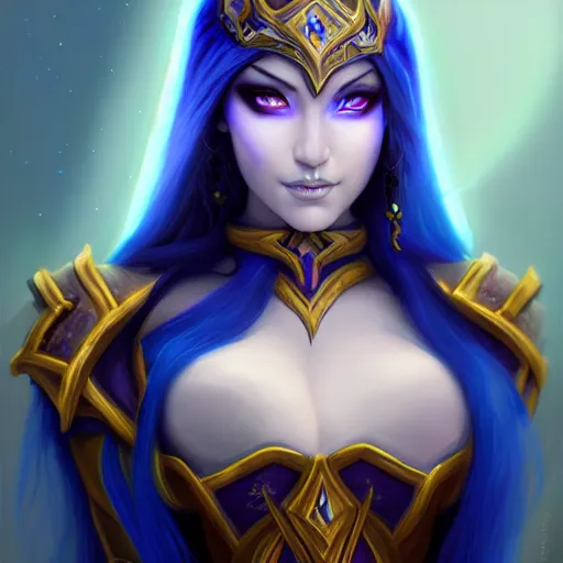 Prompt: a portrait of a very beautiful female night elf mage in armor warcraft style armor, blue hair, bored, illustration, soft lighting, soft details, painting oil on canvas by mark arian by artgerm, trending on artstation, 4k, 8k, HD