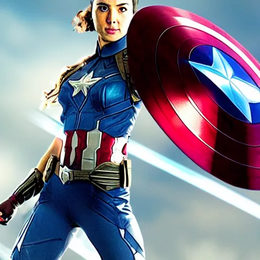 Prompt: screenshot of gal gadot as captain america. 4 k. action pose.