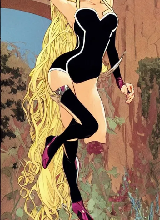 Prompt: slim young april with a mischievous face and long blonde wavy hair dressed as a superhero in her early twenties, her arms are tucked behind her back, black canary, tight fit, curvaceous, leotard, intricate detailed face, high contrast, shiny, art by joshua middleton and greg rutkowski and alphonse mucha