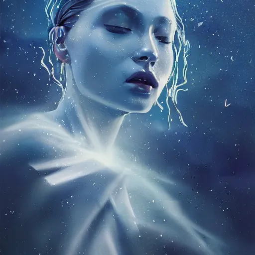 Image similar to sci - fi, close - up, 3 d, moon rays, stars, sleepy fashion model face, cinematic, clouds, sun rays, vogue cover style, poster art, blue mood, realistic painting, intricate oil painting, high detail illustration, figurative art, multiple exposure, water, 3 d, by tooth wu and wlop and beeple and greg rutkowski