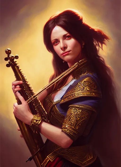 Image similar to a _ fantasy _ style _ portrait _ painting _ of female charismatic bard playing instrument, rpg dnd oil _ painting _ unreal _ 5 _ daz. _ rpg _ portrait _ extremely _ detailed _ artgerm _ greg _ rutkowski _ greg