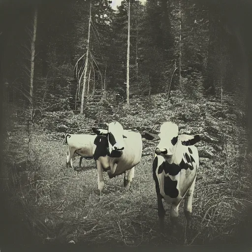 Image similar to polaroid photograph of several cows looking at the camera, in creepy forest, night, eyes glowing from camera flash