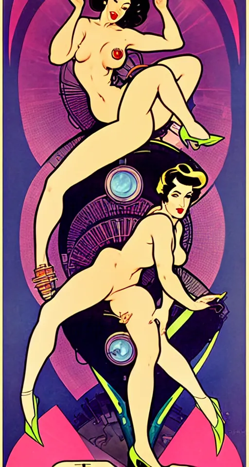 Image similar to a retro future science fiction pinup illustration of dita von teese, alphonse mucha, alberto vargas, gil elvgren, diesel punk.