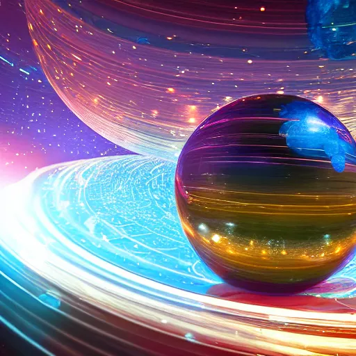 Image similar to glowing sphere, surrounded by steel bands, in space