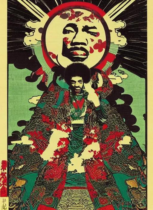 Prompt: jimi hendrix sillhouete, japanese woodblock style, taoist cosmology,