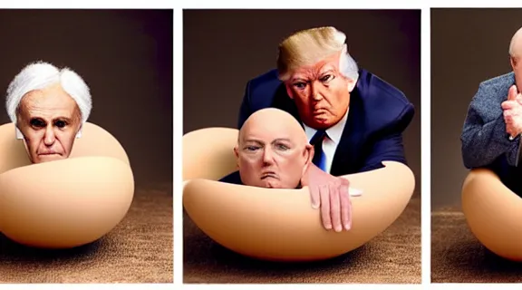 Prompt: Donald Trump, Matt Gaetz, Marjorie Taylor Greene and Rudy Giuliani in egg shells photographed by Anne Geddes