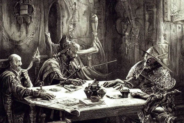 Image similar to highly detailed picture of open book on the table, don quixote out from the open page, cinematic romantic magical masterpiece, by gene wolfe, highly detailed painting by gustave dore