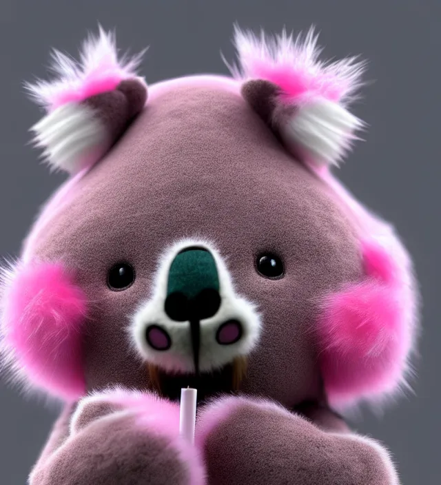 Image similar to high quality 3 d render hyperrealistic very cute small pink koala smoking weed joint, rising smoke, plush mascot, short spiky dense fluffy smooth hair, photo from the side, pink fluffy fur, 1 5 0 mm, beautiful natural soft light, rim light, vray, smooth background, artstation, ultra detailed