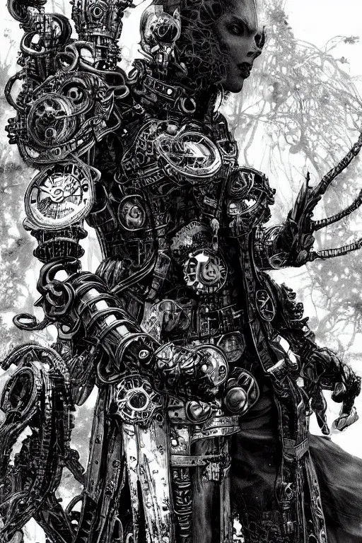 Prompt: a vertical portrait of a character in a scenic environment by yoshitaka amano and nihei tsutomu, black and white, dreamy, steampunk armor, highly detailed