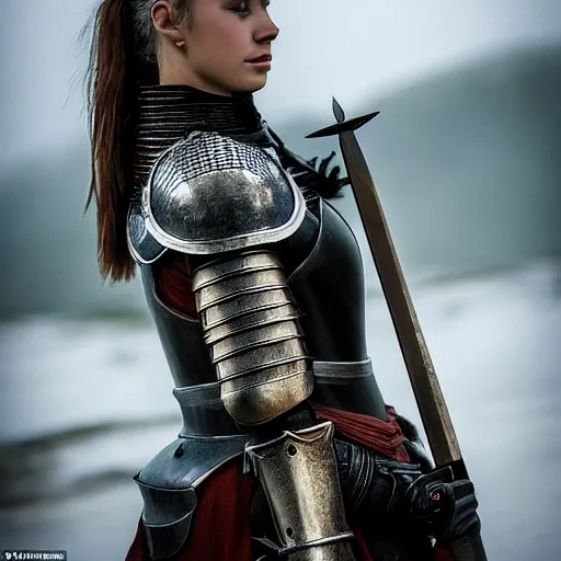 Image similar to a beautiful female knight without any battle experience who only wanted to see a dragon, symmetrical, cinematic, real photography