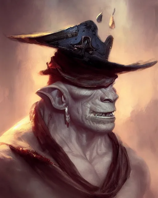 Image similar to portrait of a pale skin orc with a pirate hat, dramatic lighting concept art by craig mullins and ruan jia and raphael lacoste, trending on artstation