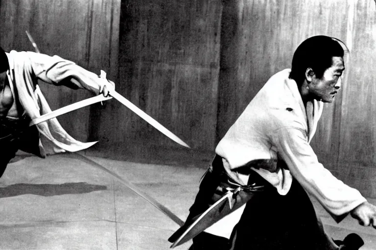 Image similar to toshiro mifune and tatsuya nakadai swordfight from the film by akira kurosawa