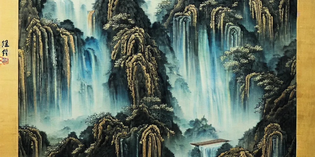 Prompt: “ large ancient gate to other world in the center of waterfall in chinese watercolor painting, oil painting, masterpiece, aesthetic ”