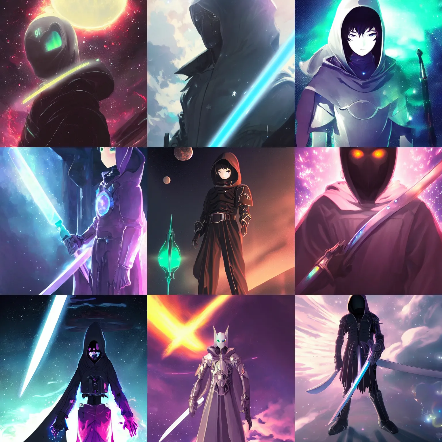 Prompt: planet - destroying ominous hooded entity hovering in space with iridescent gothic sword and intricate dark cybernetic armor vibrant portrait by makoto shinkai