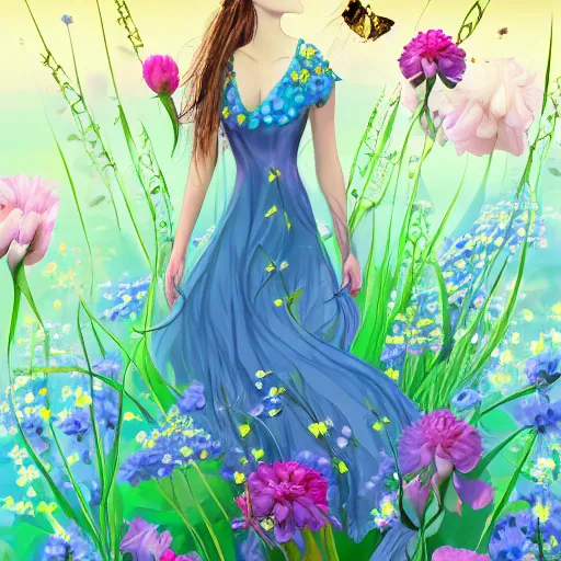 Prompt: a picture of a dreaming woman with flowers grow out of hair, roses peonies forget-me-nots dahlias lupins gladioli, sky theme in background, Digital Art, Trending on artstation