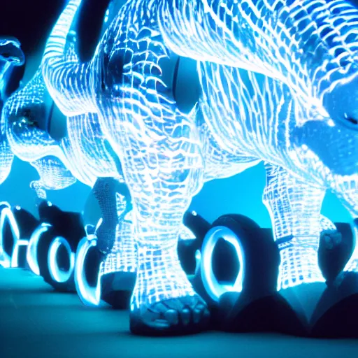 Prompt: electric blue scaled glowing baby dinosaurs in tron movie, cinestill