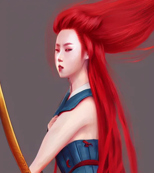 Image similar to a girl with red hair holding a katana, samurai outfit, japanese clothes, ponytail, action shot, highly detailed, digital painting, artstation, concept art, smooth, sharp focus, illustration